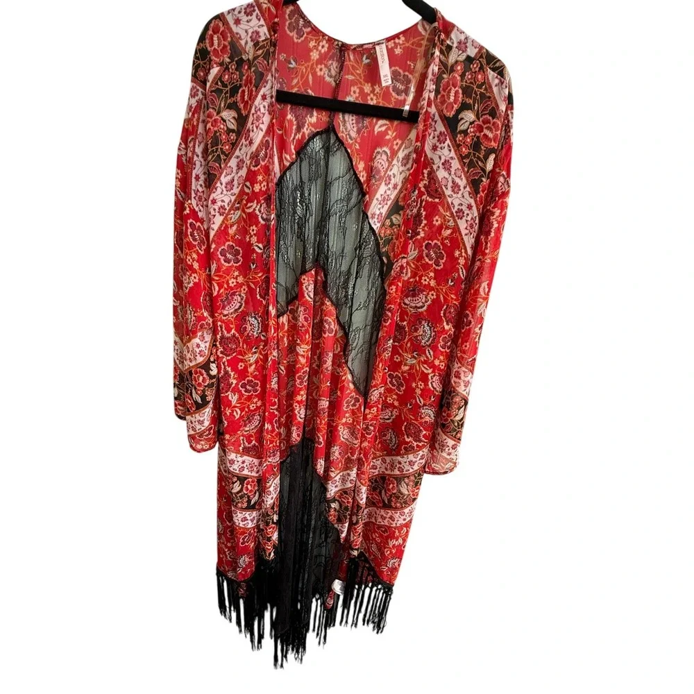 Xhilaration Red Paisley Fringe Kimono XXL Witchy Whimsigoth Festival Boho - Picture 3 of 8